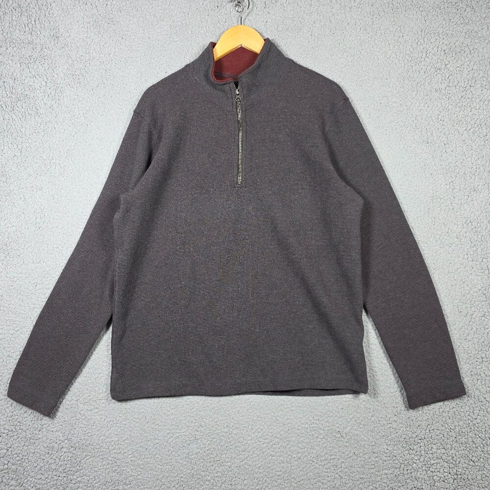 Tailor Vintage Sweater Mens Size Large Gray Burgundy Waffle Knit 1/4 Zip Cotton